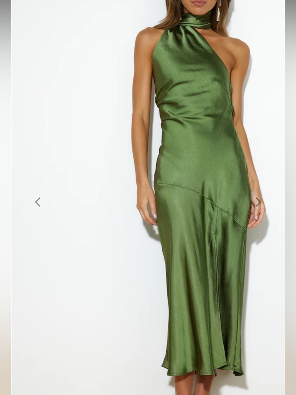 Hello Molly Olive Green One-Shoulder Satin Maxi Dress